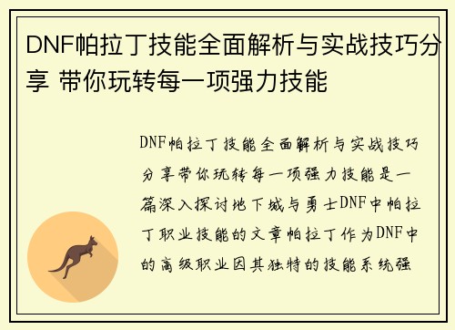 DNF帕拉丁技能全面解析与实战技巧分享 带你玩转每一项强力技能